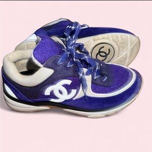 CHANEL Purple and White CC Logo Suede Sneakers